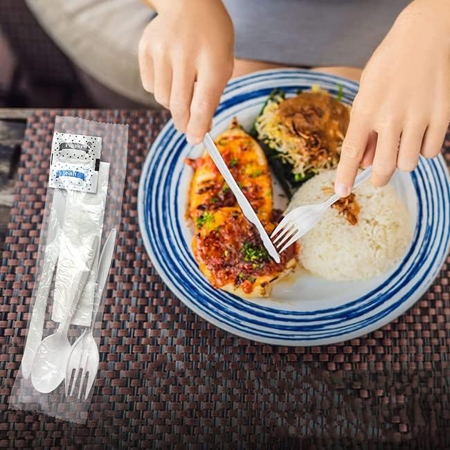 Cutlery Kit White Plastic 6 Pack (Knife, Spoon, Fork, Napkin, Salt, Pepper) - 500 / Case