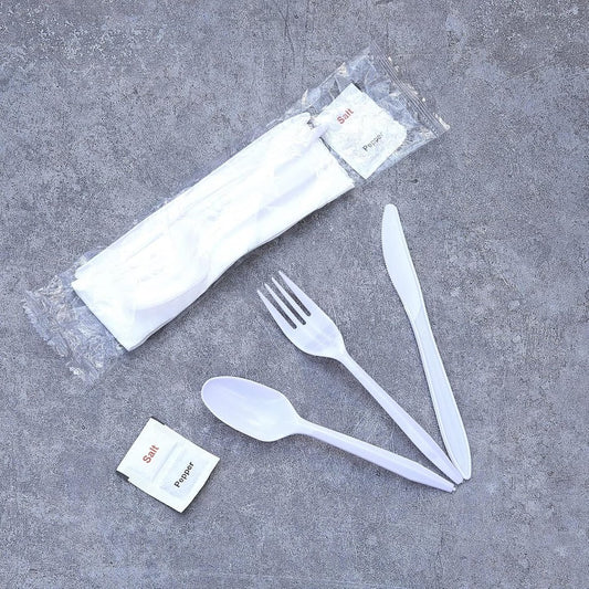 Cutlery Kit White Plastic 6 Pack (Knife, Spoon, Fork, Napkin, Salt, Pepper) - 500 / Case